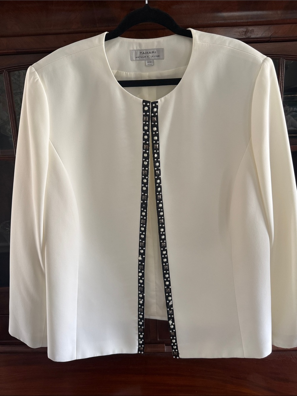 Tahari Cream Open-Front Jacket with Black Embellished Trim